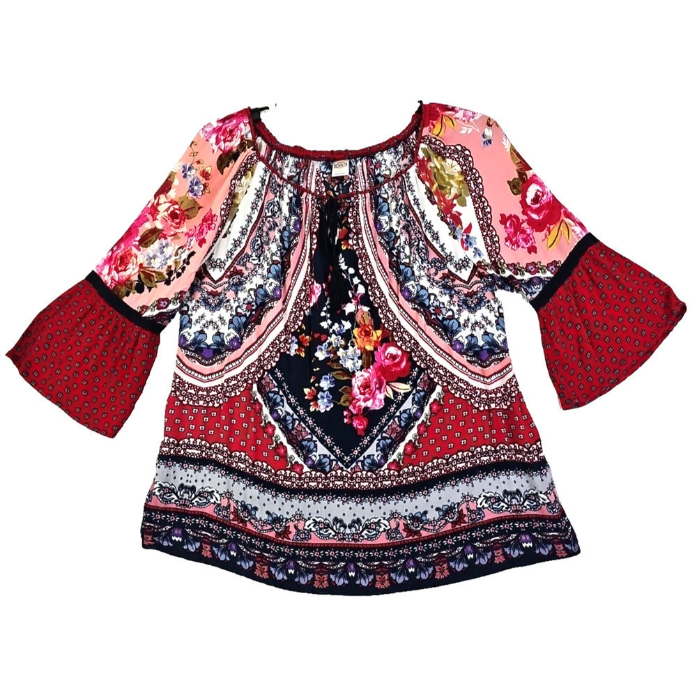BILA ~Woman Size L~ Multicolor Red Bell Sleeve Boho Blouse Top Tunic Romantic.